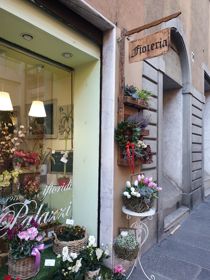 Insegne anticate e fiorite nel centro storico di Albino